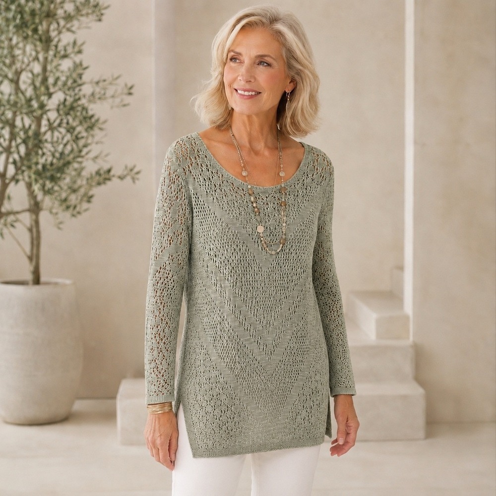Chicos Pointelle Knit Tunic Sweater Sz 2 US L Sage Green Open Lacy Quiet Luxury